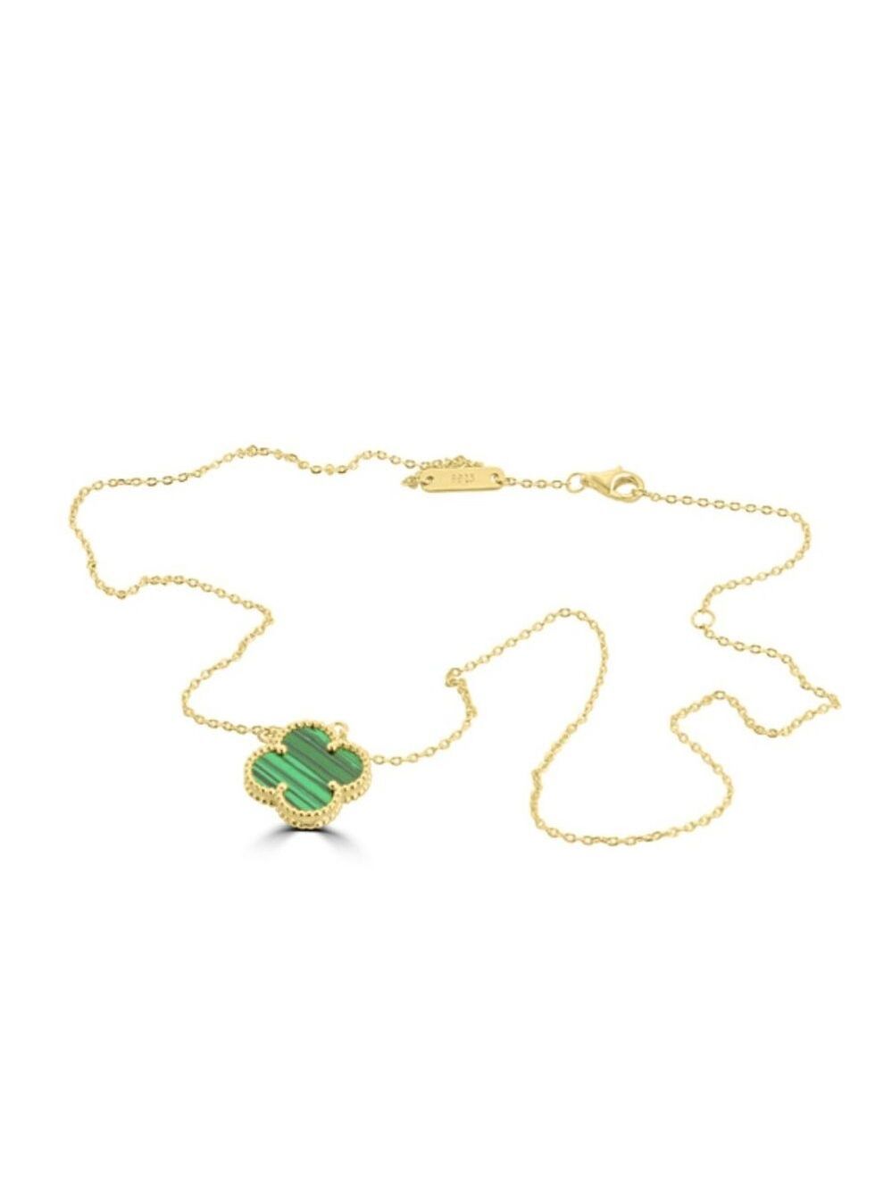 18k GP Sterling Silver Malachite Clover Necklace adjustable 16-1/2"-18"